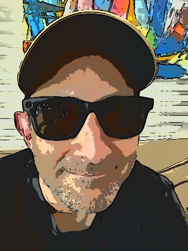 A portrait painted in flat color bands with bold ink outlines.