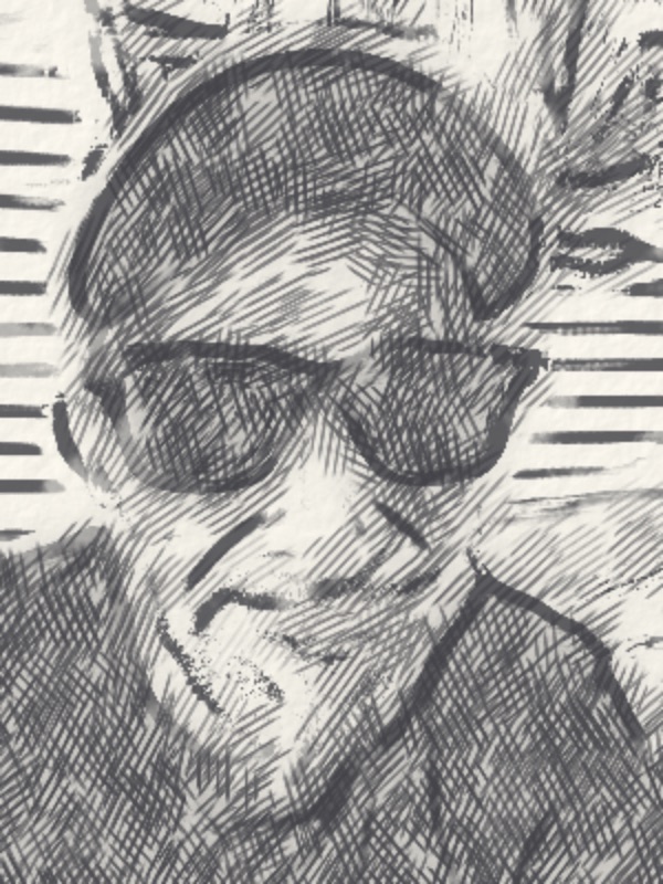 The portrait as a graphite pencil sketch with hatching that follows the face.