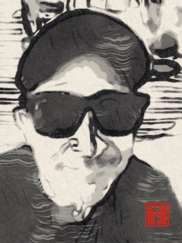 The portrait as a black ink painting on rice paper with a small red seal.
