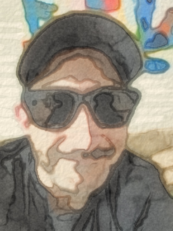 The same portrait as a watercolor with soft washes and darker pooled edges on textured paper.